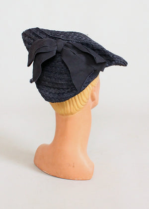 Vintage 1940s Navy Straw Tilt Beret Hat