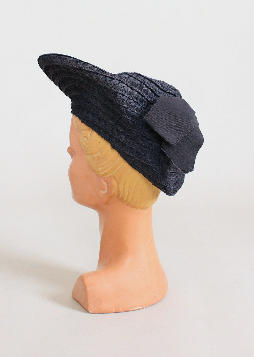 Vintage 1940s Navy Straw Tilt Beret Hat