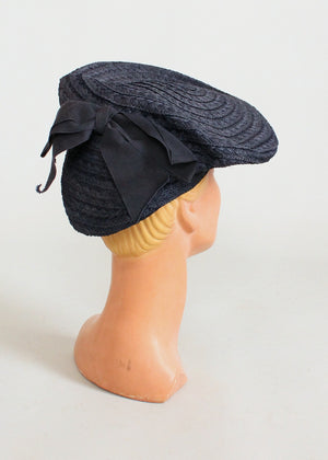 Vintage 1940s Navy Straw Tilt Beret Hat