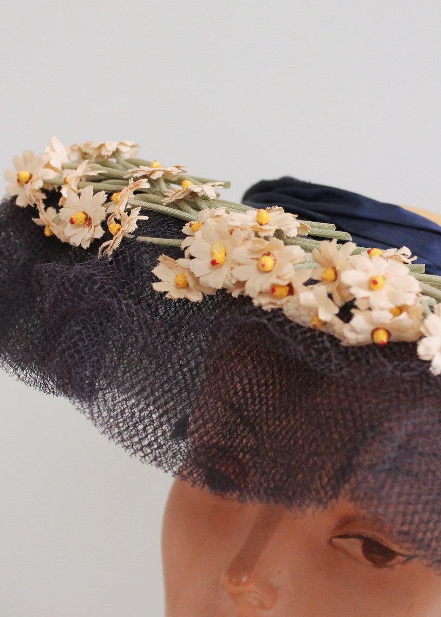 Vintage 1940s Navy Wide Brim Floral Wreath Hat