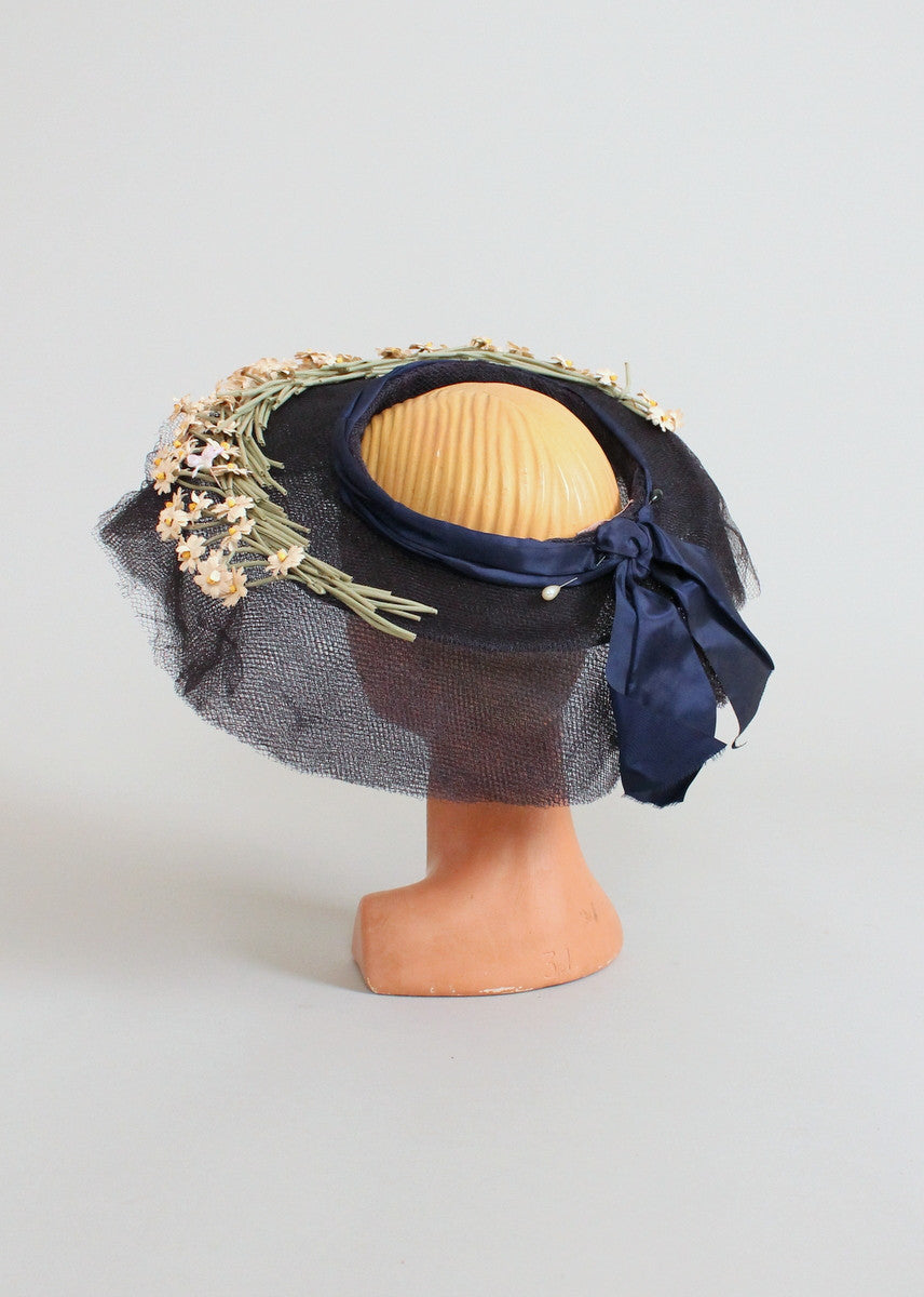 Vintage 1940s Navy Wide Brim Floral Wreath Hat