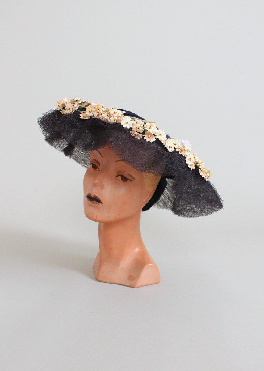 Vintage 1940s Navy Wide Brim Floral Wreath Hat