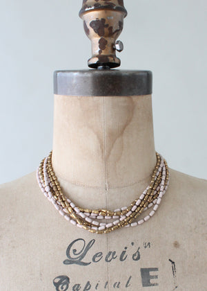 Vintage 1940s Pink and Brass Bead Necklace