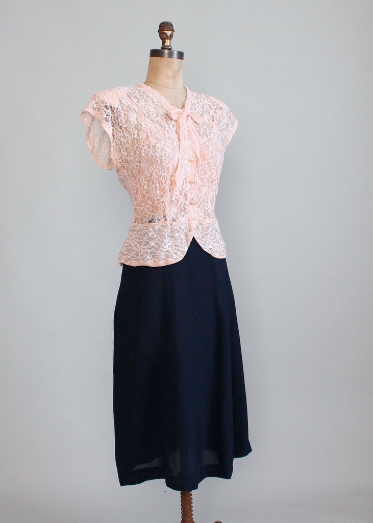 Vintage 1940s Pink Lace and Navy Rayon Dress
