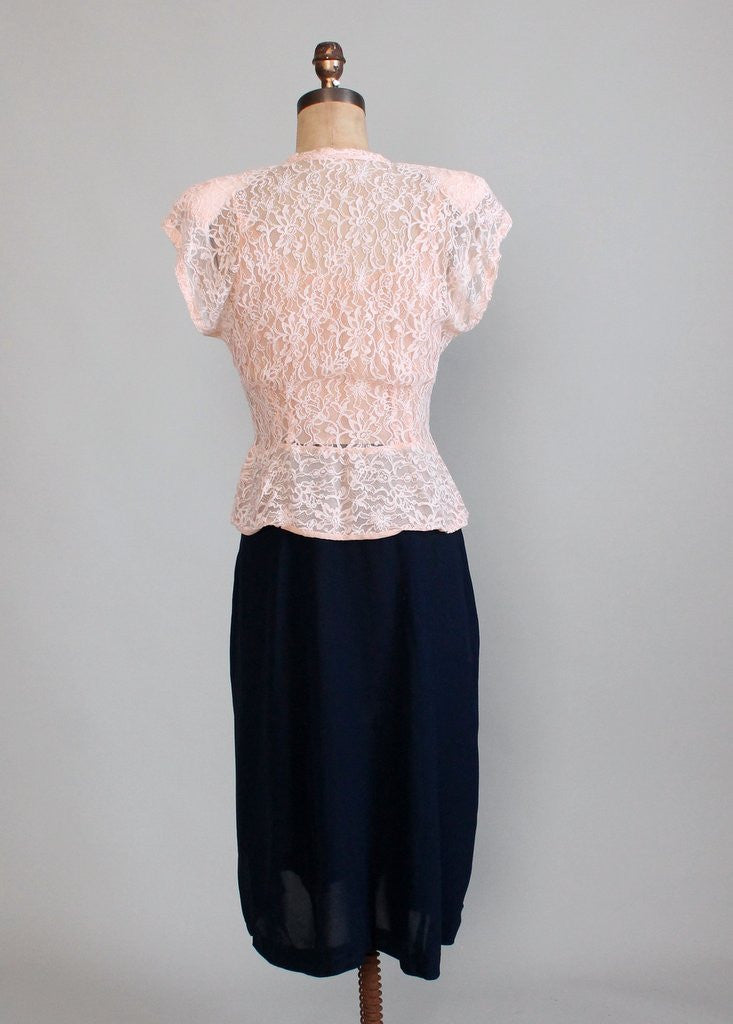 Vintage 1940s Pink Lace and Navy Rayon Dress