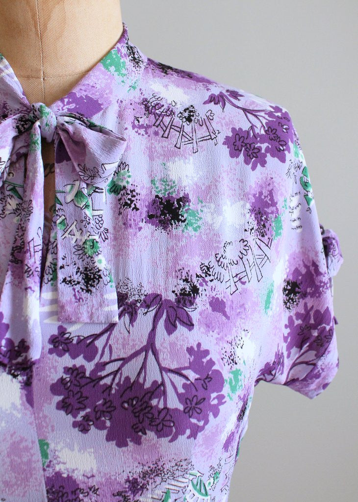 Vintage 1940s Purple Rayon Novelty Print Day Dress