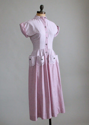 Vintage Late 1940s Lavender Striped Mulit Pocket Dress