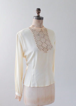 Vintage 1940s Ivory Silk and Lace Blouse