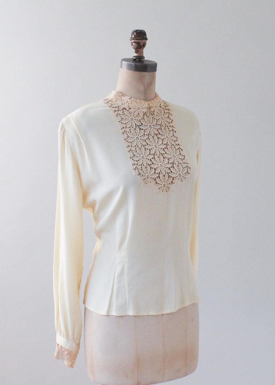 Vintage 1940s Ivory Silk and Lace Blouse