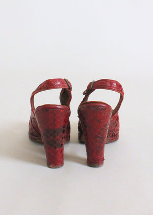 Vintage 1940s Red Snakeskin Platform Sandals