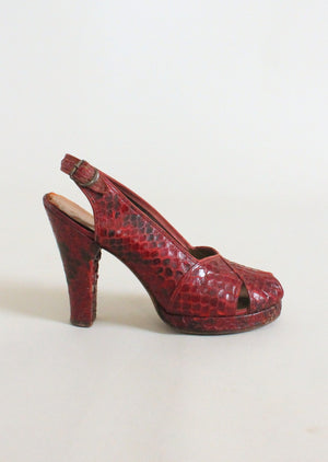 Vintage 1940s Red Snakeskin Platform Sandals