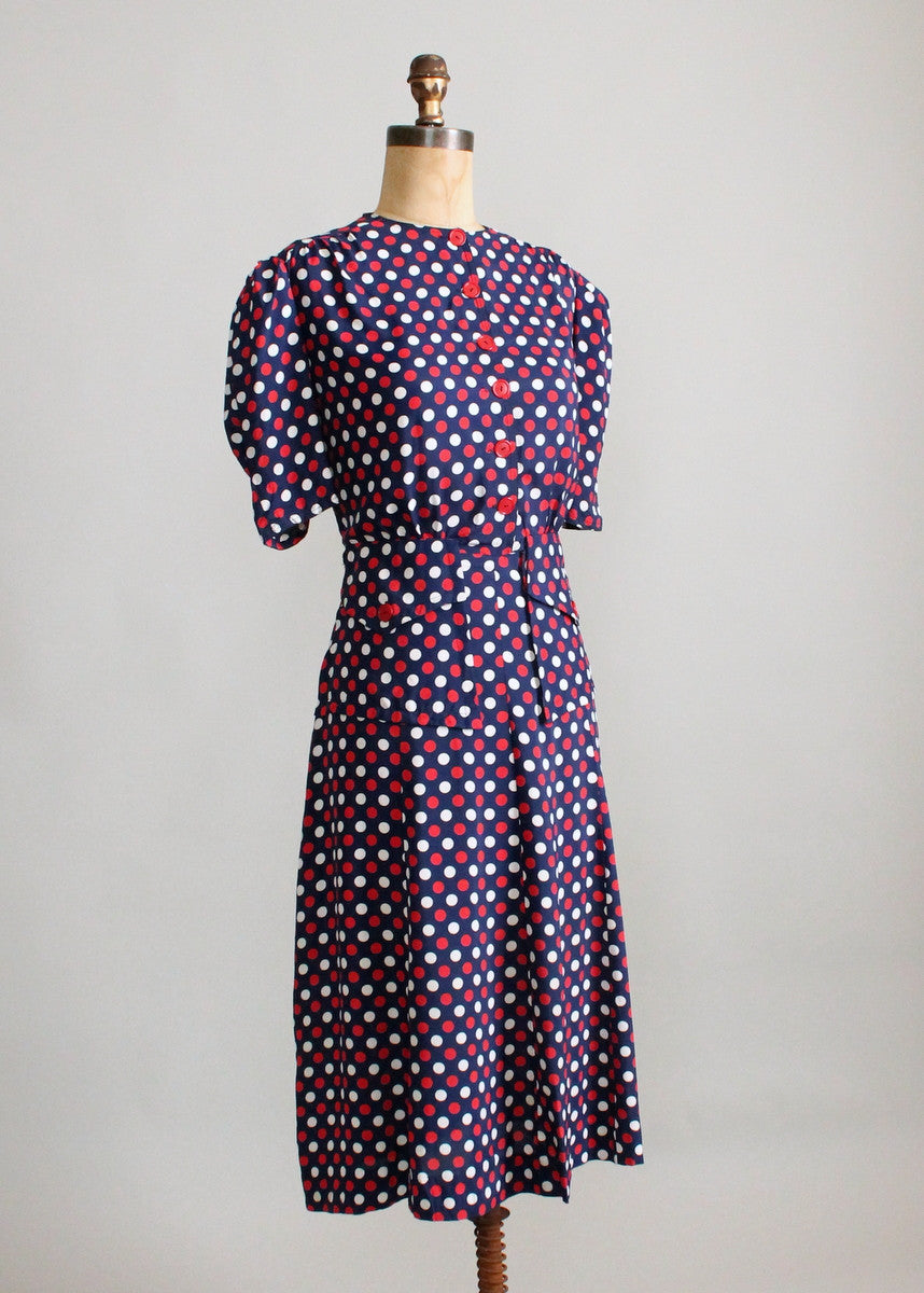 Vintage 1940s Red, White, and Blue Polka Dot Dress