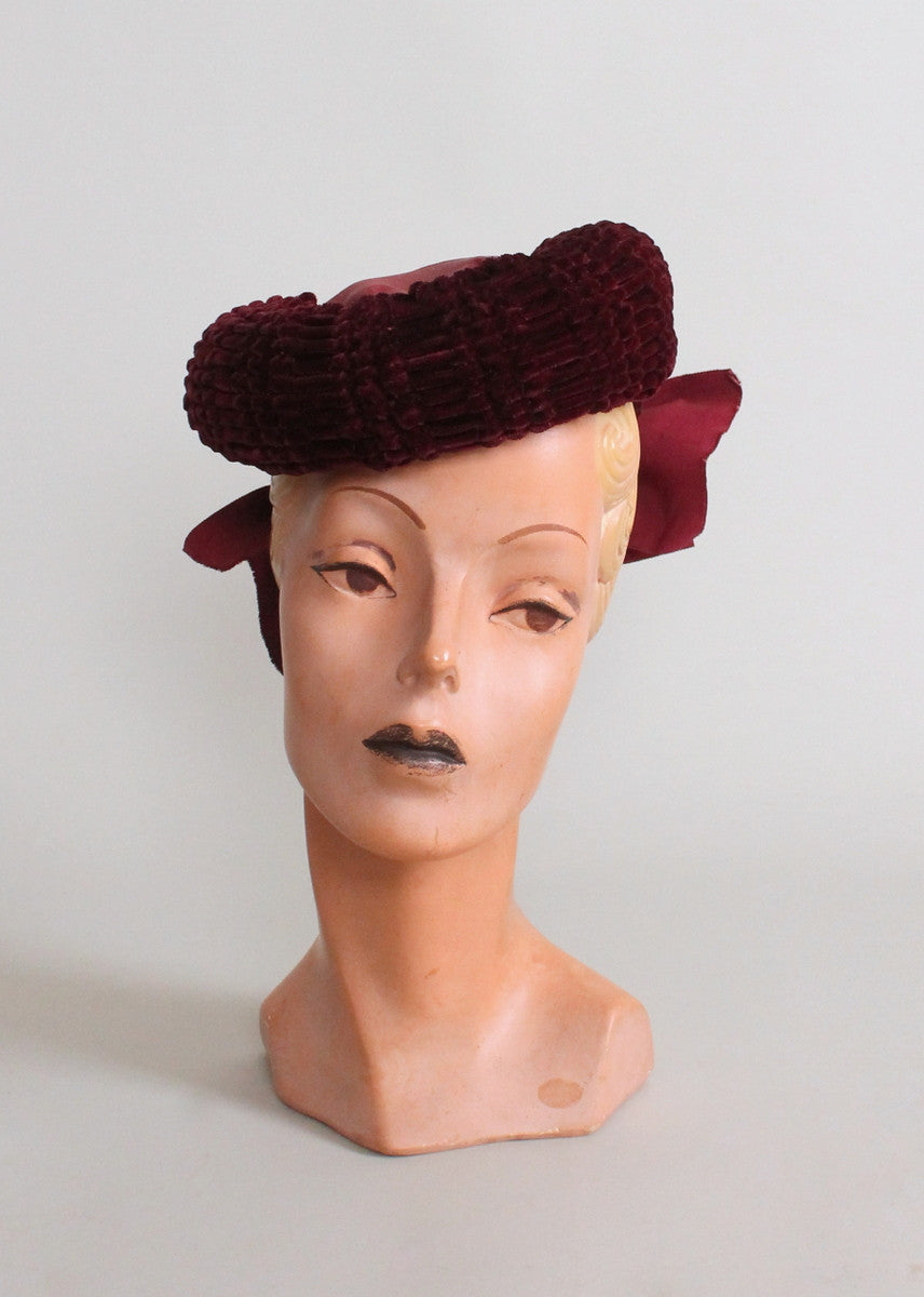Vintage 1940s Burgundy Velvet Winter Tilt Hat