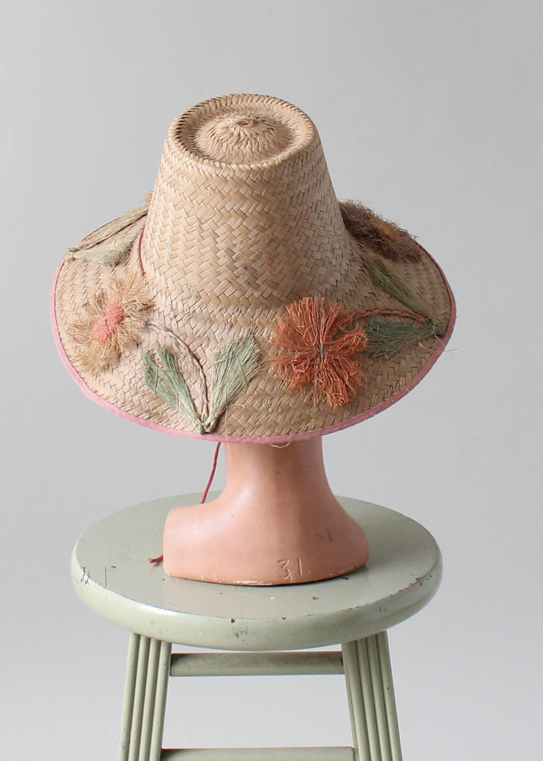 Vintage 1950s Straw Beach Hat with Flowers