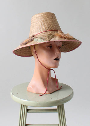 Vintage 1950s Straw Beach Hat with Flowers