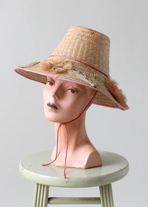 Vintage 1950s Straw Beach Hat with Flowers