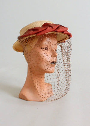 Vintage 1940s Straw Boater Hat with Bows and Face Veil