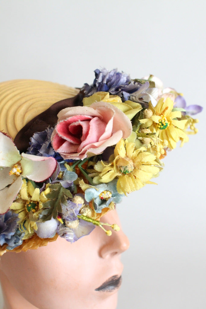 Vintage 1940s Floral Straw Wreath Hat