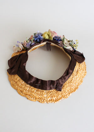 Vintage 1940s Floral Straw Wreath Hat