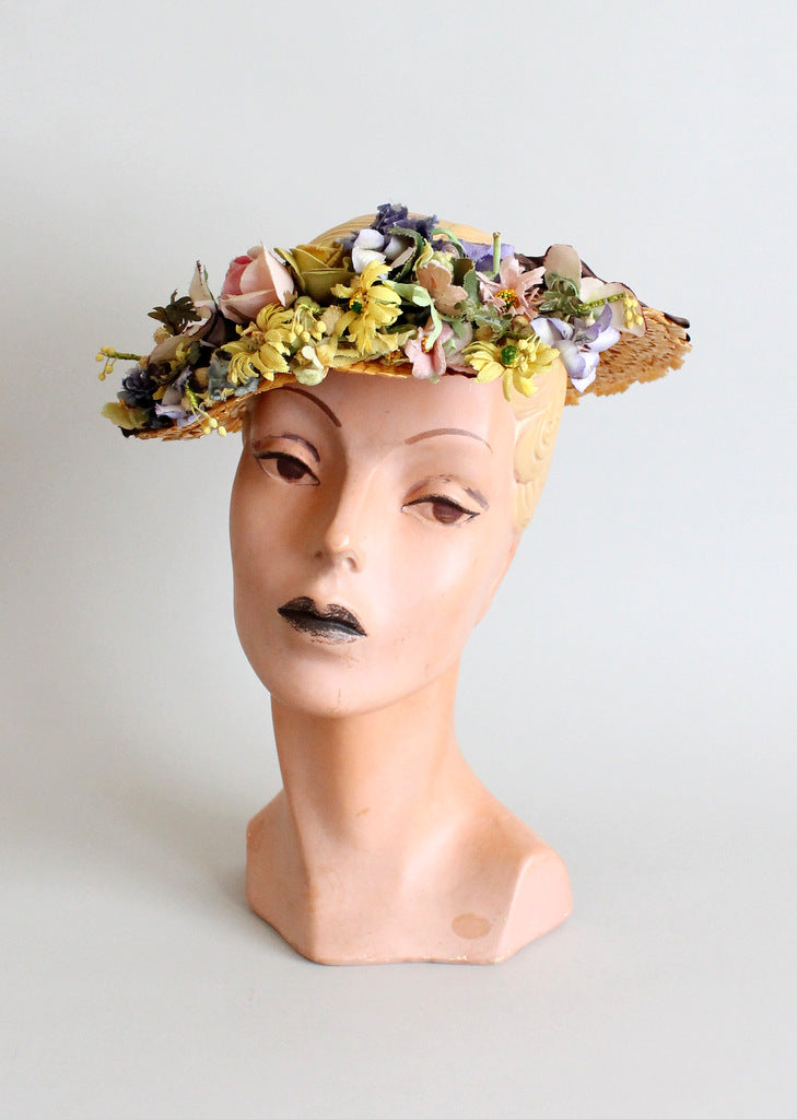Vintage 1940s Floral Straw Wreath Hat