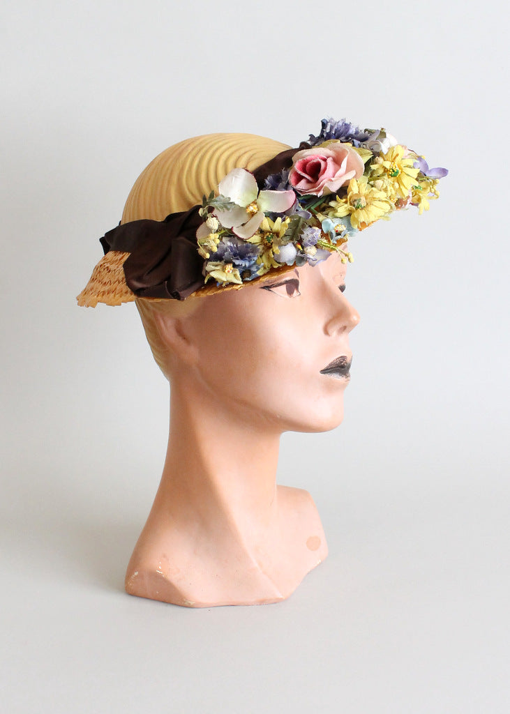 Vintage 1940s Floral Straw Wreath Hat