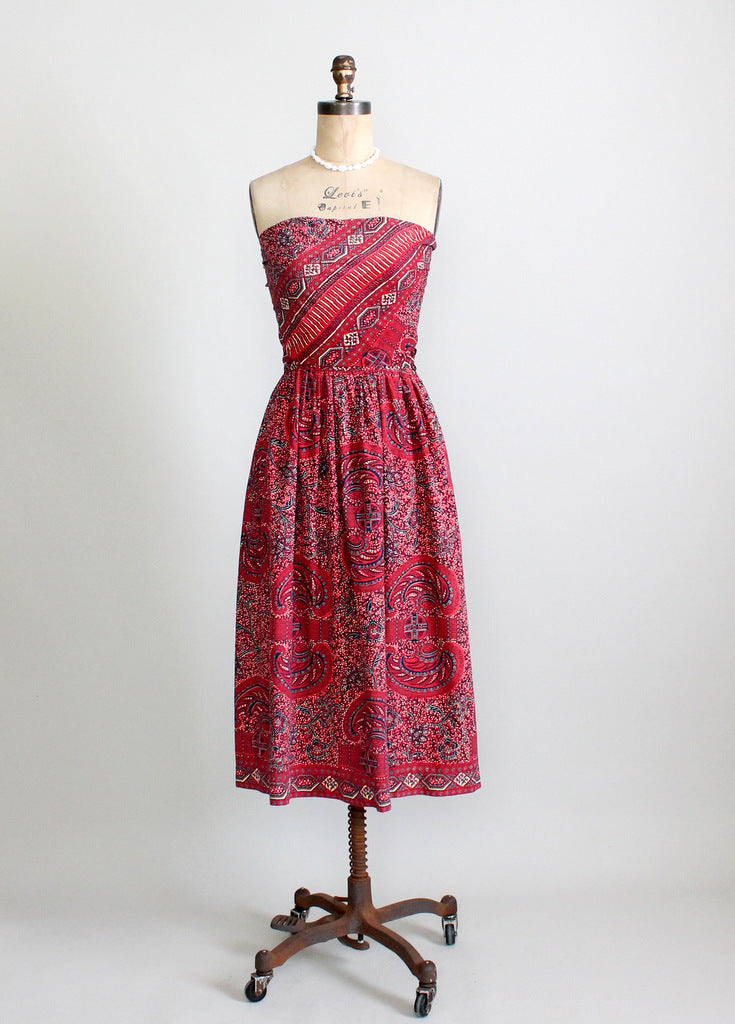 Vintage 1940s Tiki Print Strapless Sundress with Tie Back Vintage 1940s Tiki Print Strapless Sundress with Tie Back