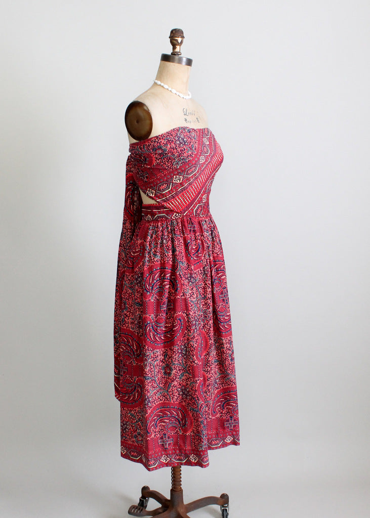 Vintage 1940s Tiki Print Strapless Sundress with Tie Back - Raleigh Vintage