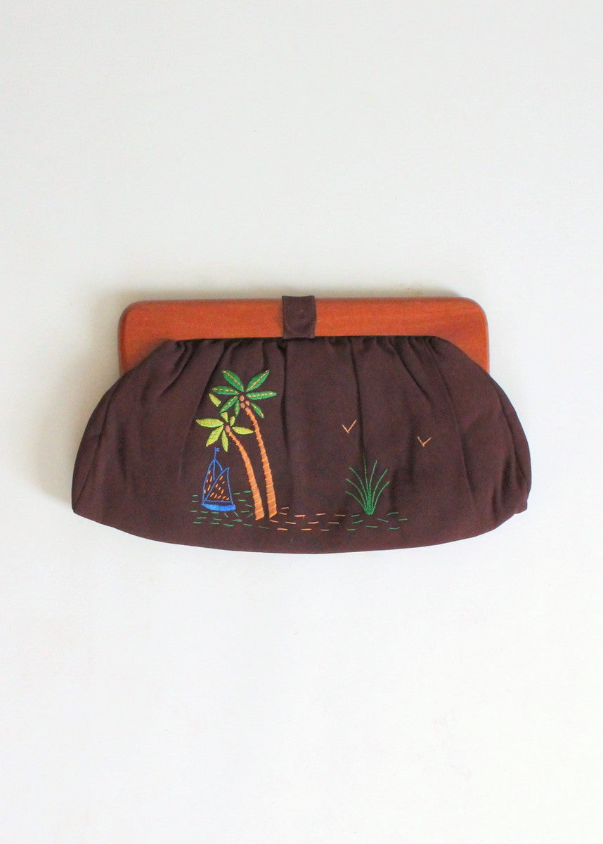 Vintage 1940s Tropical Embroidered Rayon Clutch Purse