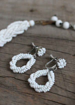 Vintage 1940s White Glass Micro-Bead Necklace and Earrings