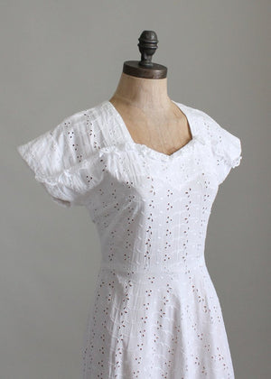Vintage 1940s Sweetheart Ruffle White Eyelet Dress