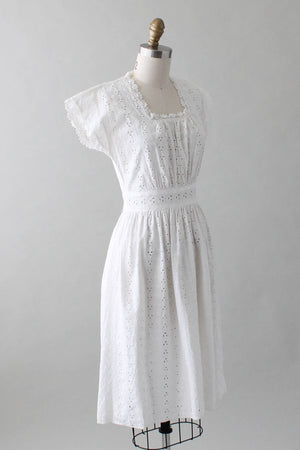 Vintage 1940s White Eyelet Day Dress