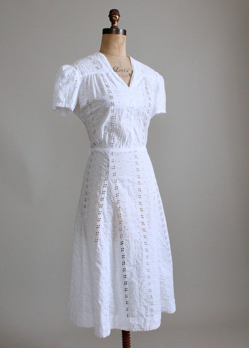 Vintage 1940s White Eyelet Cotton Day Dress