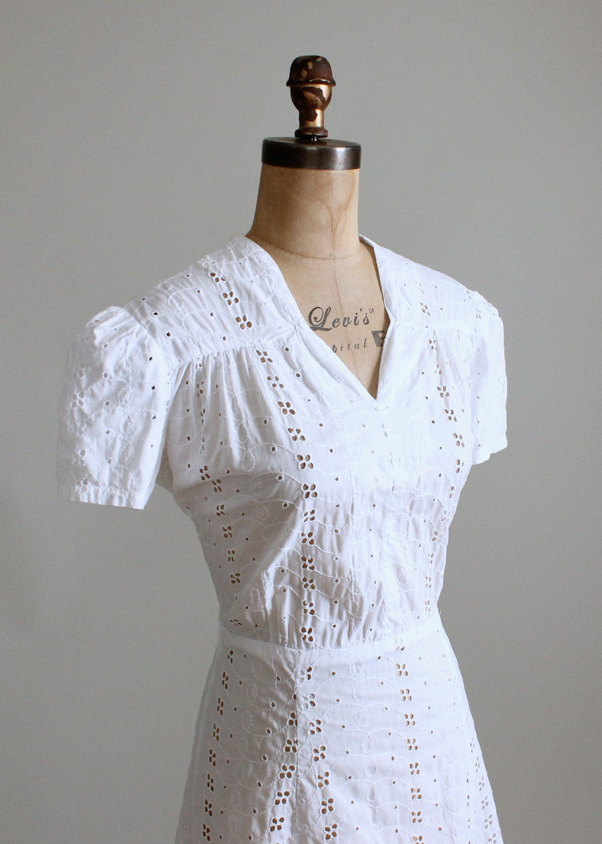 Vintage 1940s White Eyelet Cotton Day Dress