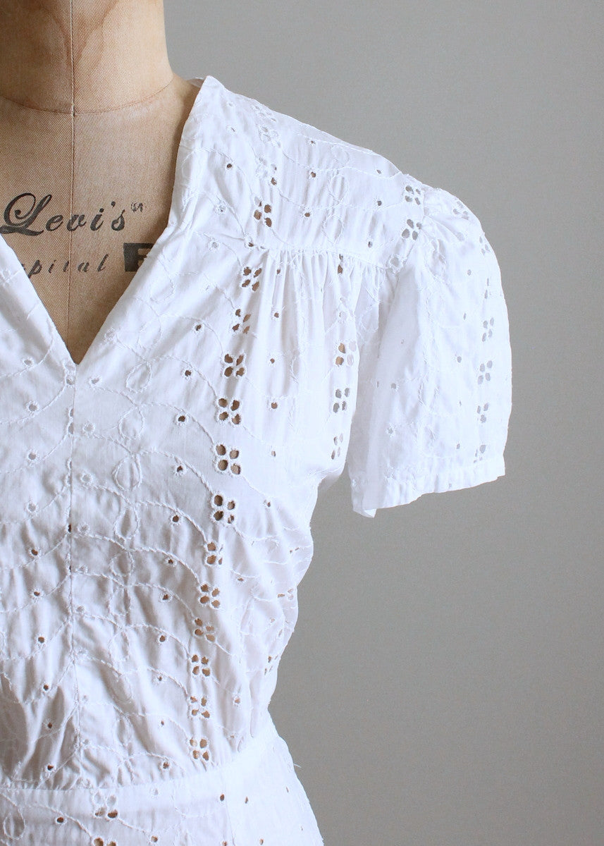 Vintage 1940s White Eyelet Cotton Day Dress