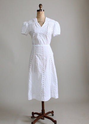 Vintage 1940s White Eyelet Cotton Day Dress