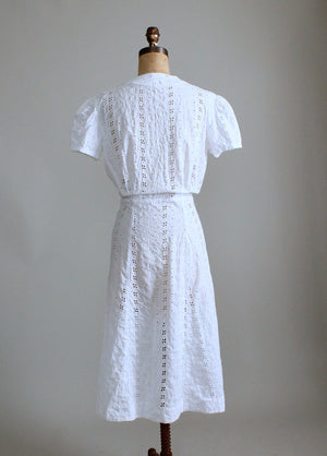 Vintage 1940s White Eyelet Cotton Day Dress