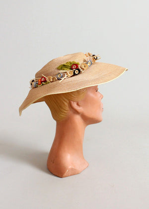 Vintage 1940s Wide Brim Straw Hat with A Flower Wreath