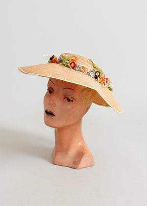 Vintage 1940s Wide Brim Straw Hat with A Flower Wreath