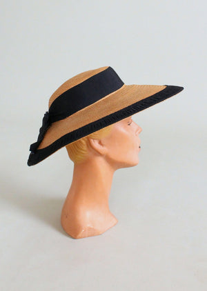Vintage 1940s Wide Brim Straw Hat with Pleated Ribbon Trim