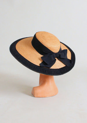 Vintage 1940s Wide Brim Straw Hat with Pleated Ribbon Trim