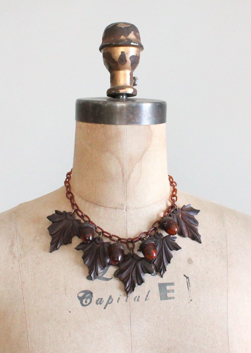 Vintage 1940s Fall Celluloid Acorns and Wood Leaves Necklace