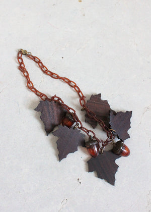 Vintage 1940s Fall Celluloid Acorns and Wood Leaves Necklace