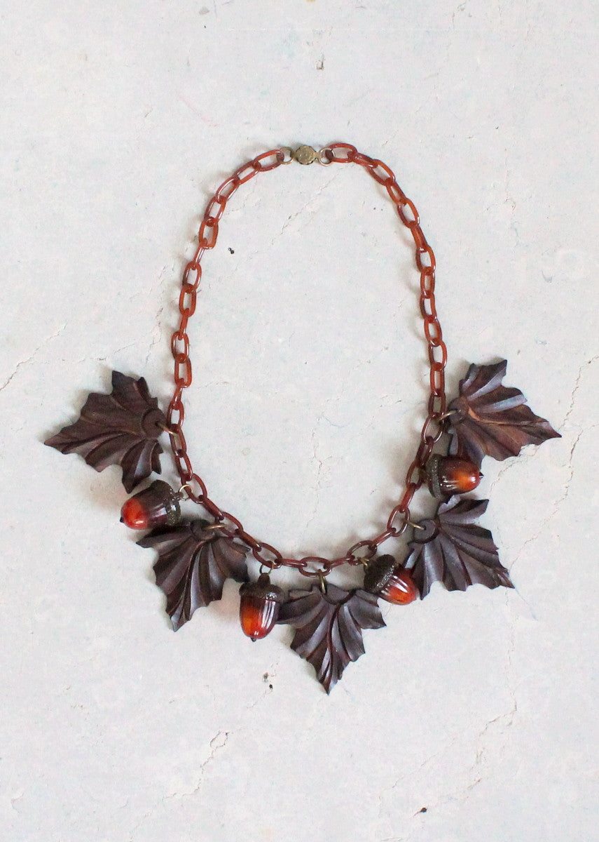 Vintage 1940s Fall Celluloid Acorns and Wood Leaves Necklace