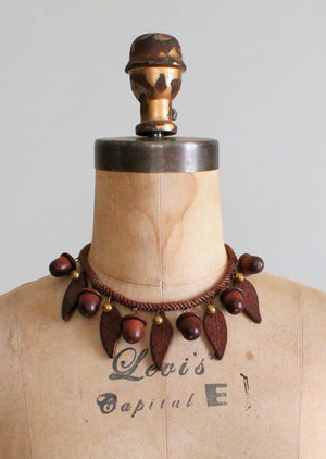 Vintage 1940s Wood Acorn and Faux Hair Chain Necklace