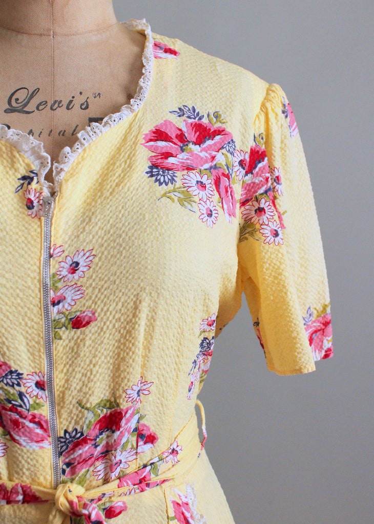 Vintage 1940s Yellow Cotton and Lace Floral House Dress