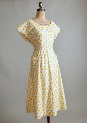Vintage 1950s Yellow Flower Striped Cotton Day Dress