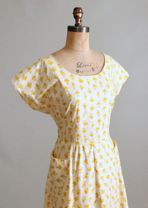 Vintage 1950s Yellow Flower Striped Cotton Day Dress