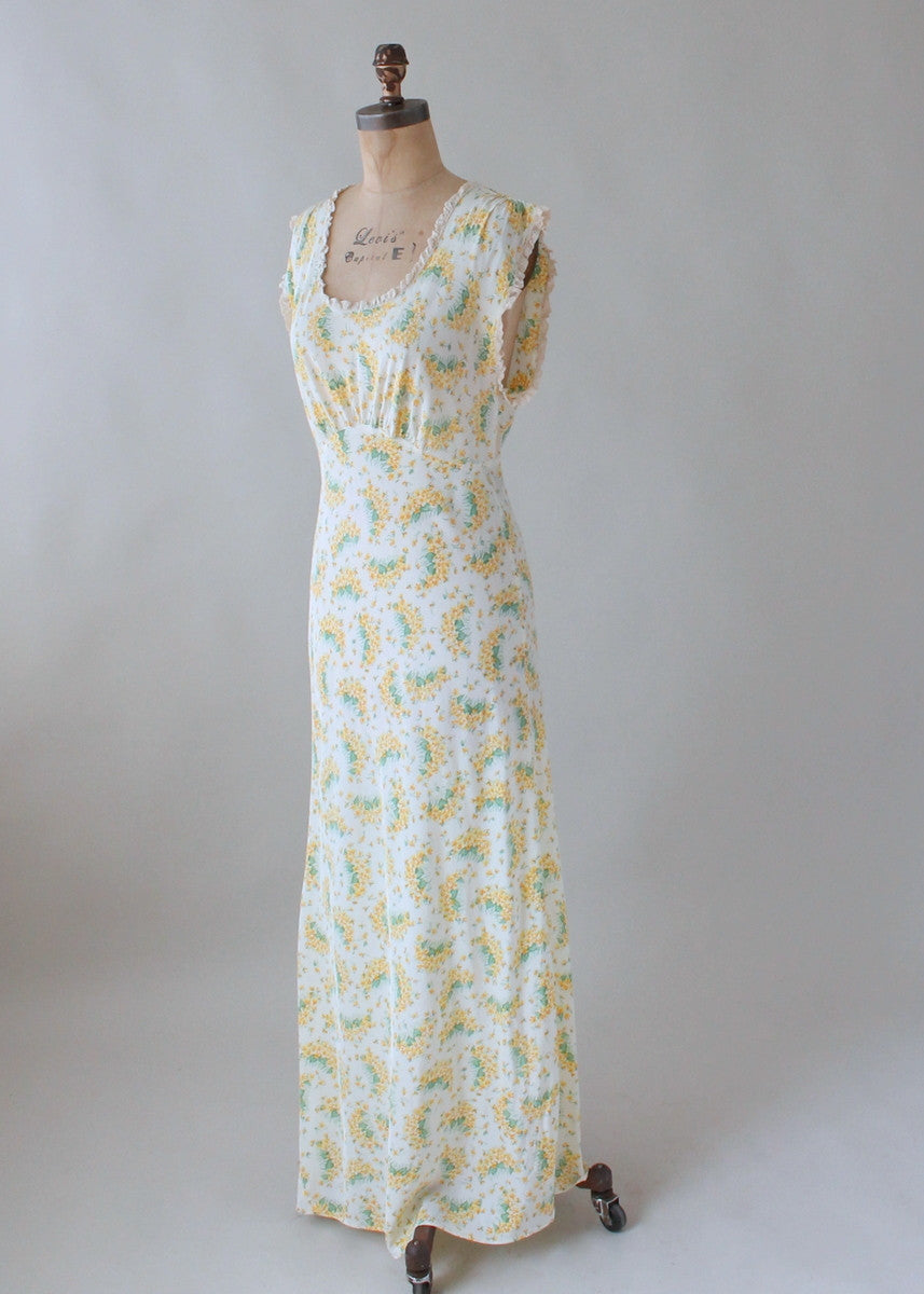 Vintage 1940s Spring Yellow and Green Floral Gown