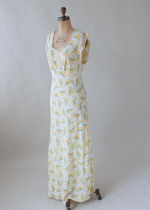 Vintage 1940s Spring Yellow and Green Floral Gown