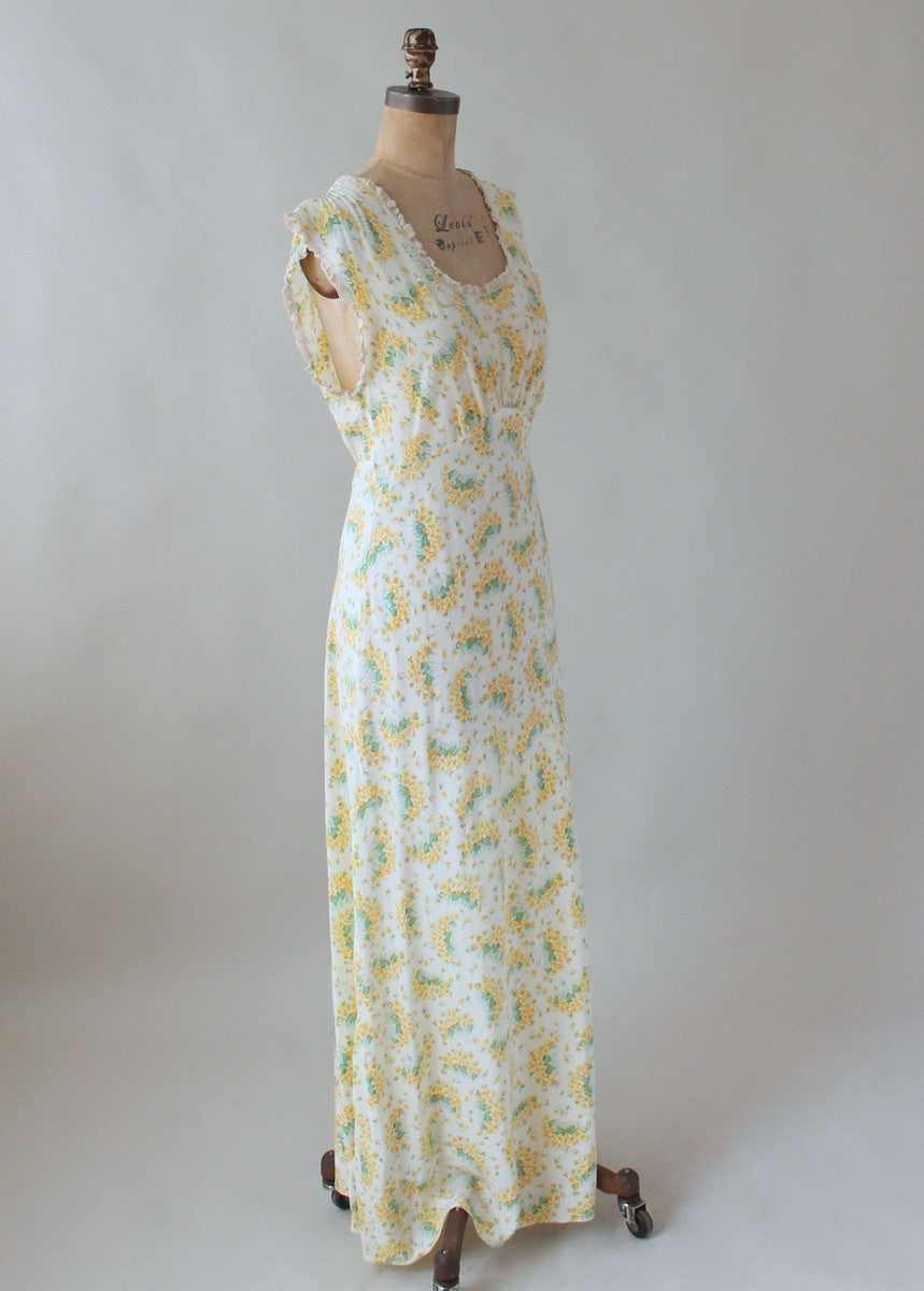 Vintage 1940s Spring Yellow and Green Floral Gown